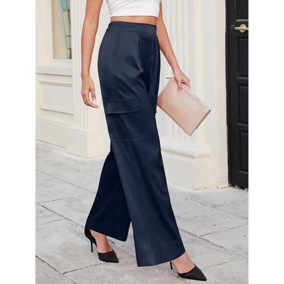Stylish Navy Wide Leg Satin Pants for Women - Perfect for Day or Night - Picture 4 of 4